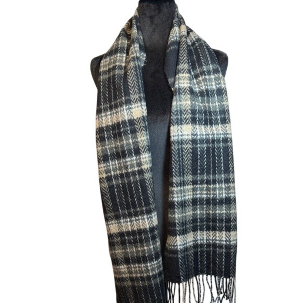 New 100% Cashmere Black Beige Plaid Scarf Made in‎ Scotland Fringe Trim Unisex